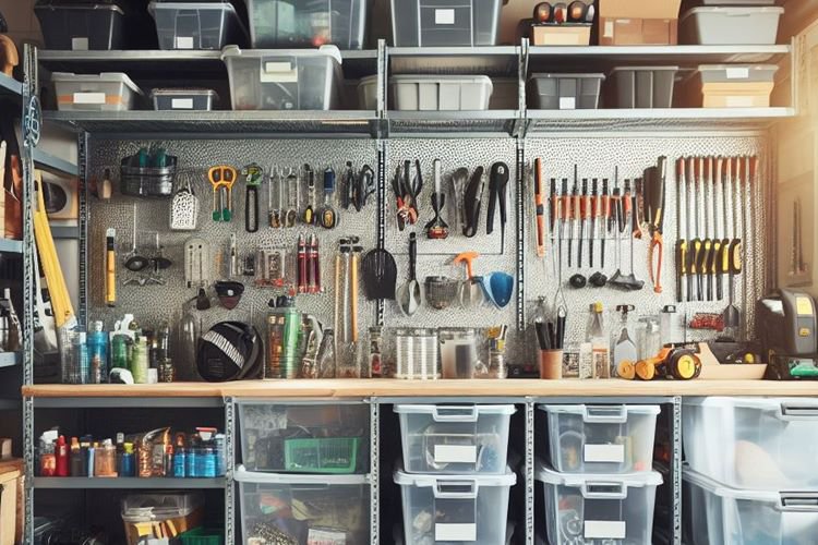 Storage bins, shelves and wall-mounted tools in residential garage