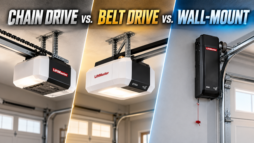 Chain drive, belt drive and wall-mount garage door openers