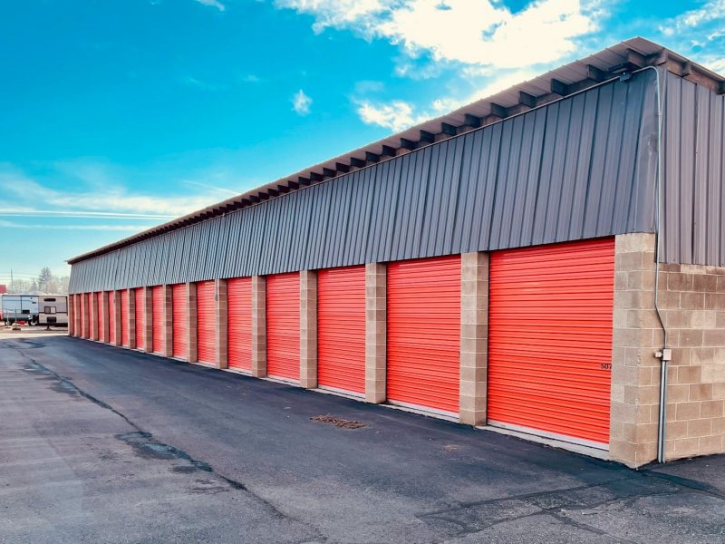 Red commercial roll-up garage doors