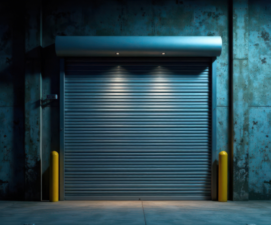 Rolling steel overhead door in an industrial dock