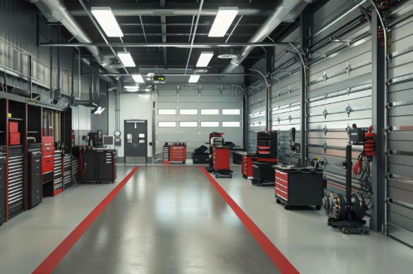 Sectional steel commercial overhead door in an auto body shop