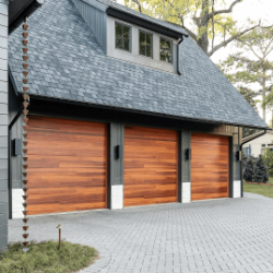 Wood-tone, wood-grain garage door finish