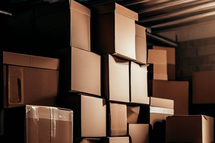Stacked cardboard boxes inside residential garage with dim lighting