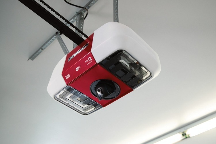 Red and white overhead garage door opener