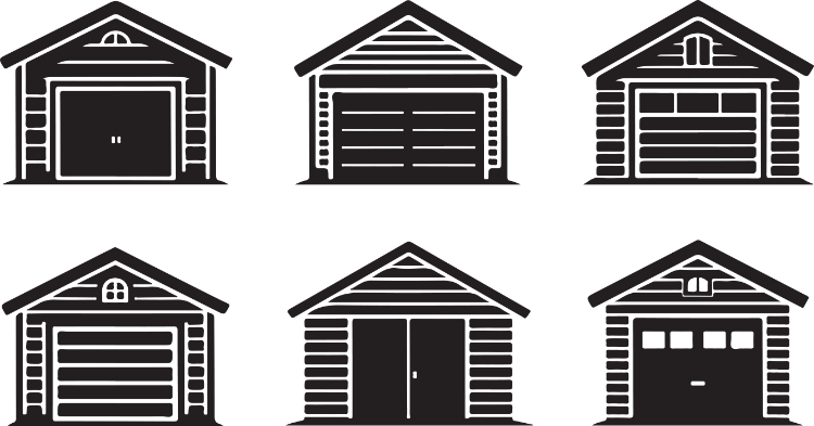 6 clip art style garages in different styles