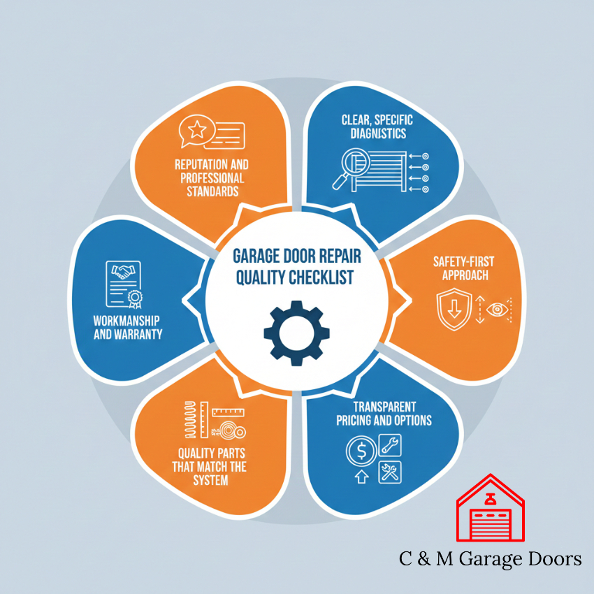 Infographic showing a 6 point checklist for choosing a good garage door company
