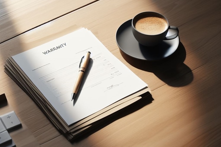 White form labelled 'WARRANTY' beside coffee cup on saucer