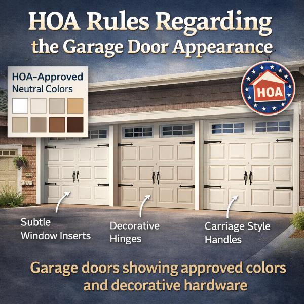 Garage doors showing approved colors and decorative hardware