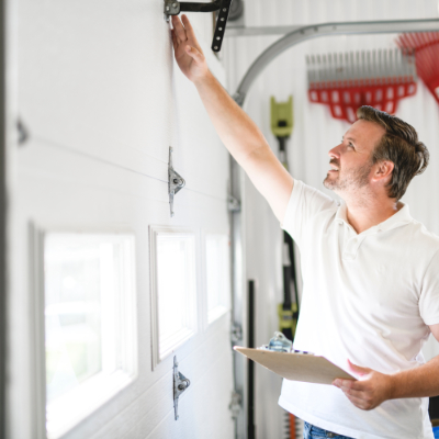 Technician evaluating whether to repair or replace a garage door