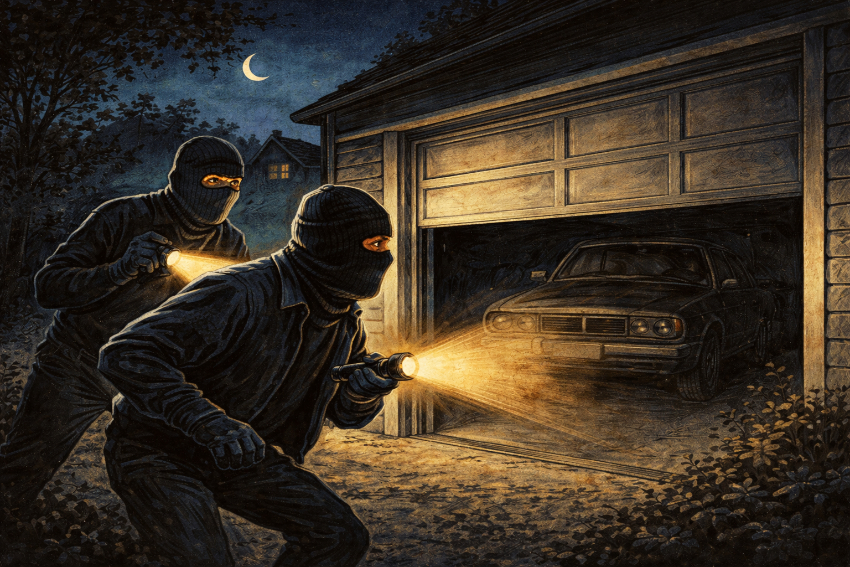 Thieves sneaking around a garage at night
