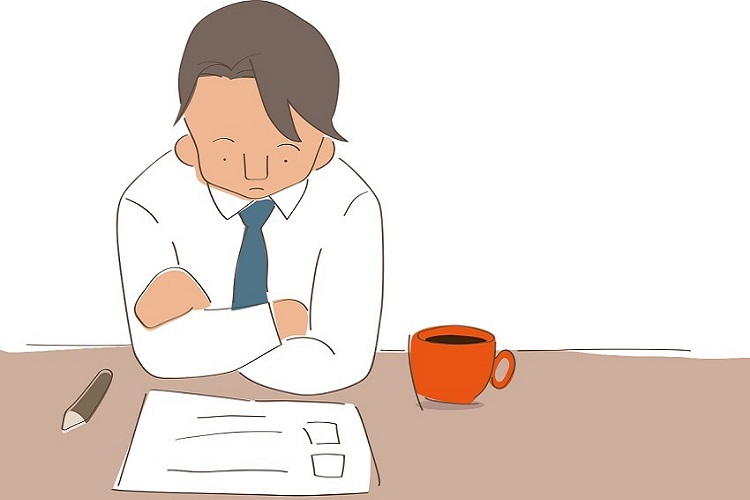 Animated man reviewing checklist while seated at wooden desk