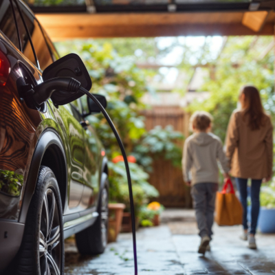 Garage door and EV charger working together in a residential garage