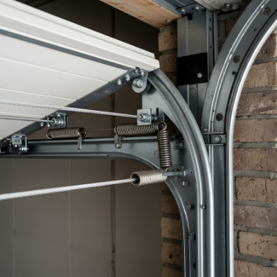 Garage door rollers and track close-up