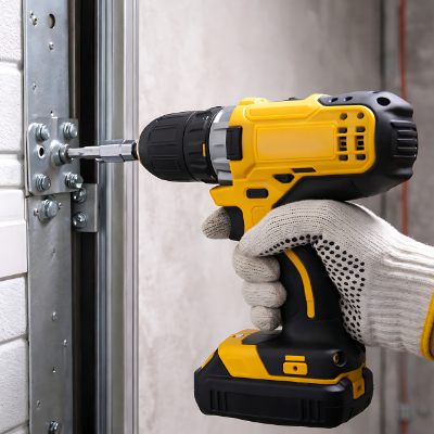 Close-up of garage door hardware and fasteners
