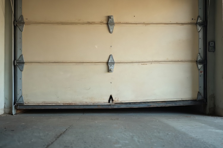 Bent garage door viewed from inside empty two-car garage