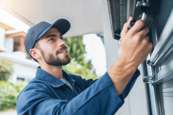 Technician inspecting a garage door and seals