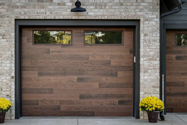 Horizontal plank woodtone garage door