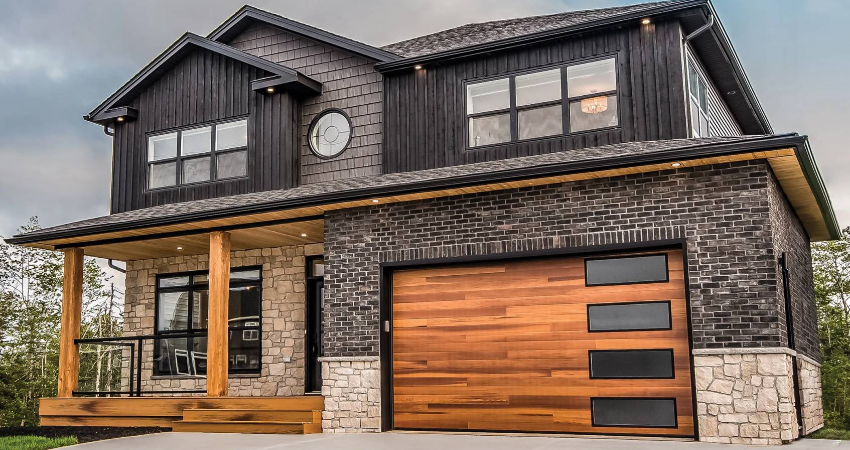Wood grain garage door on a contemporary home